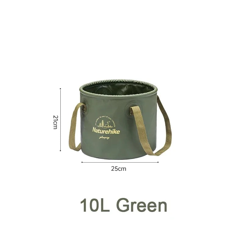 Naturehike foldable outdoor bucket, green with beige handles, 10L capacity, waterproof fabric, logo visible.