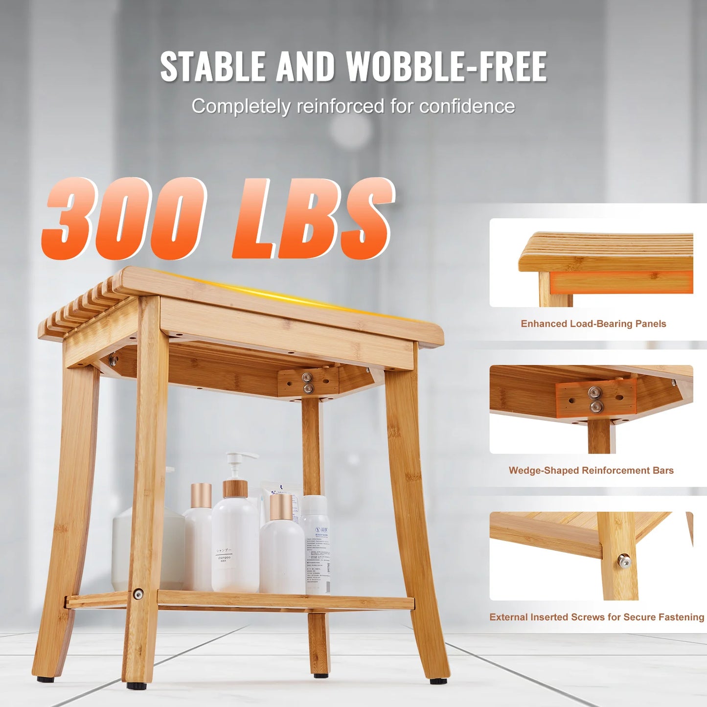 SucceBuy Bamboo Shower Bench 19.1x11.3x18.3 in Waterproof Shower Stool Chair with Storage Shelf 330lbs Load Capacity Spa Seat by S And B Enterprise