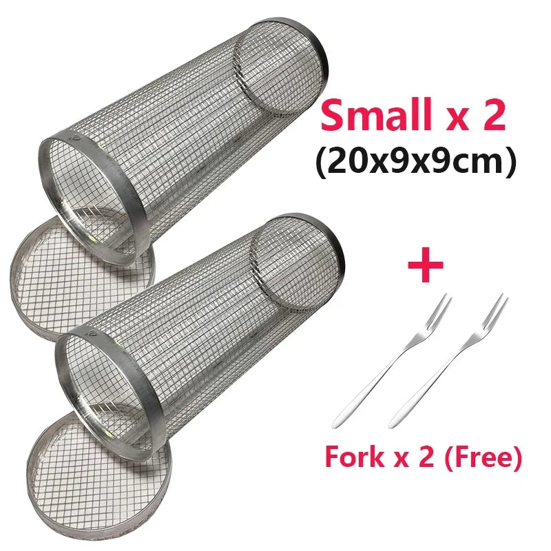 Stainless steel rolling BBQ basket set (2) with mesh cylindrical baskets and 2 forks