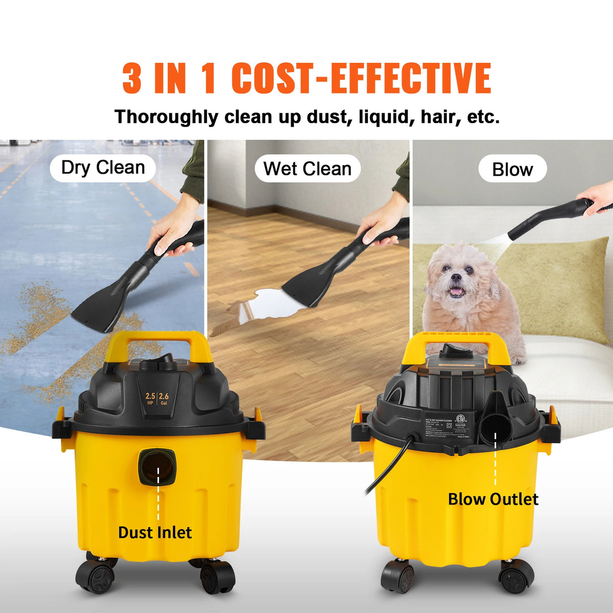 SucceBuy 3-in-1 wet-dry shop vac pair, yellow and black, 2.6 gallon, 2.5 HP with blow outlet