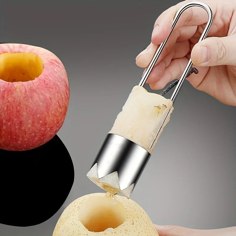 Stainless steel fruit corer by S And B Enterprise with a double-loop handle; cores 2 fruits: apple and melon.