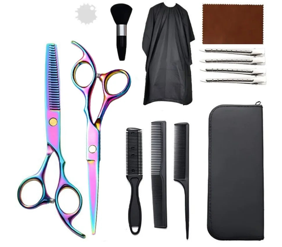Professional hair cutting kit with rainbow scissors, thinning shears, combs, clips, brush, cape, and storage case