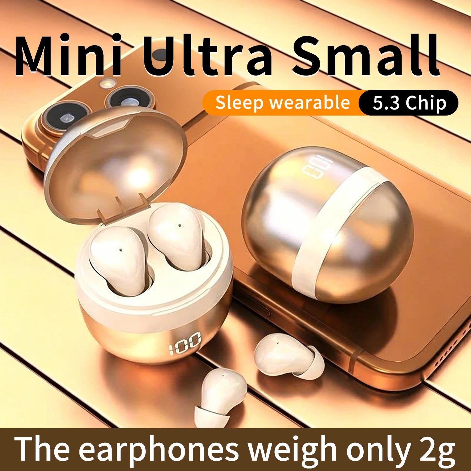 Small wireless Bluetooth earbuds in gold with charging case; ultra mini, 2g each