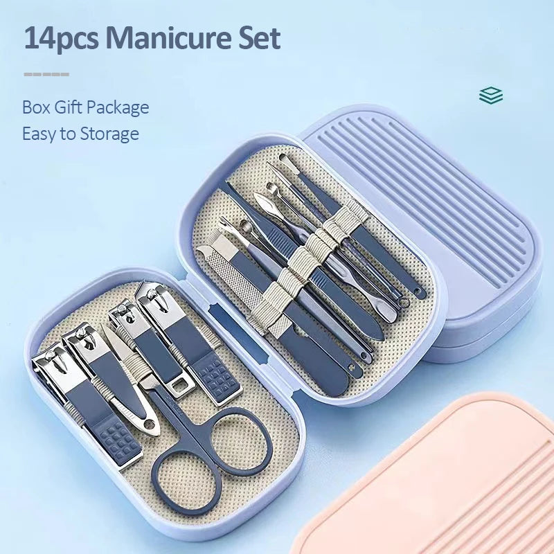 14 Piece Deluxe Manicure & Pedicure Set Pink And Blue Stainless Steel Nail Scissors, Clippers, Ear Digging Spoon for Men & Women by S And B Enterprise