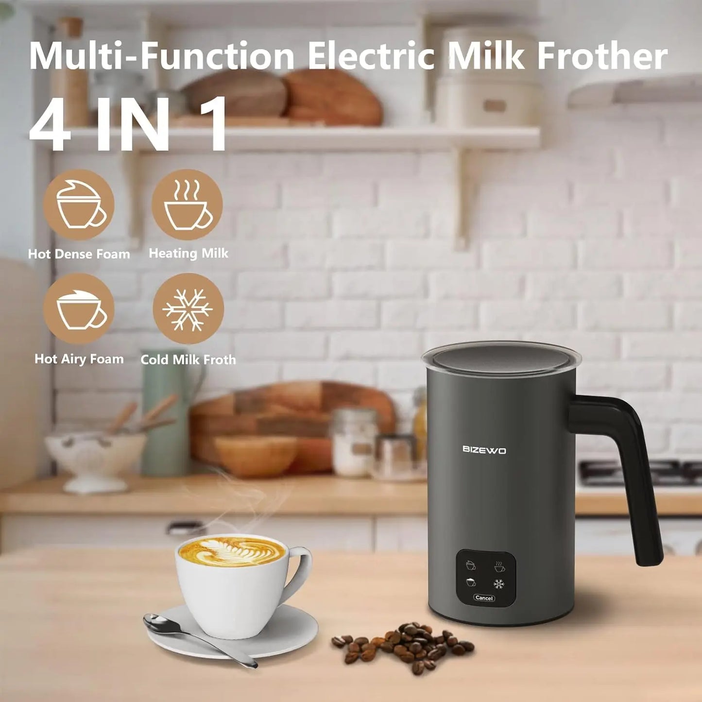 BIZEWO 4-In-1 Milk Frother With Hot Cold Foam LED Touch