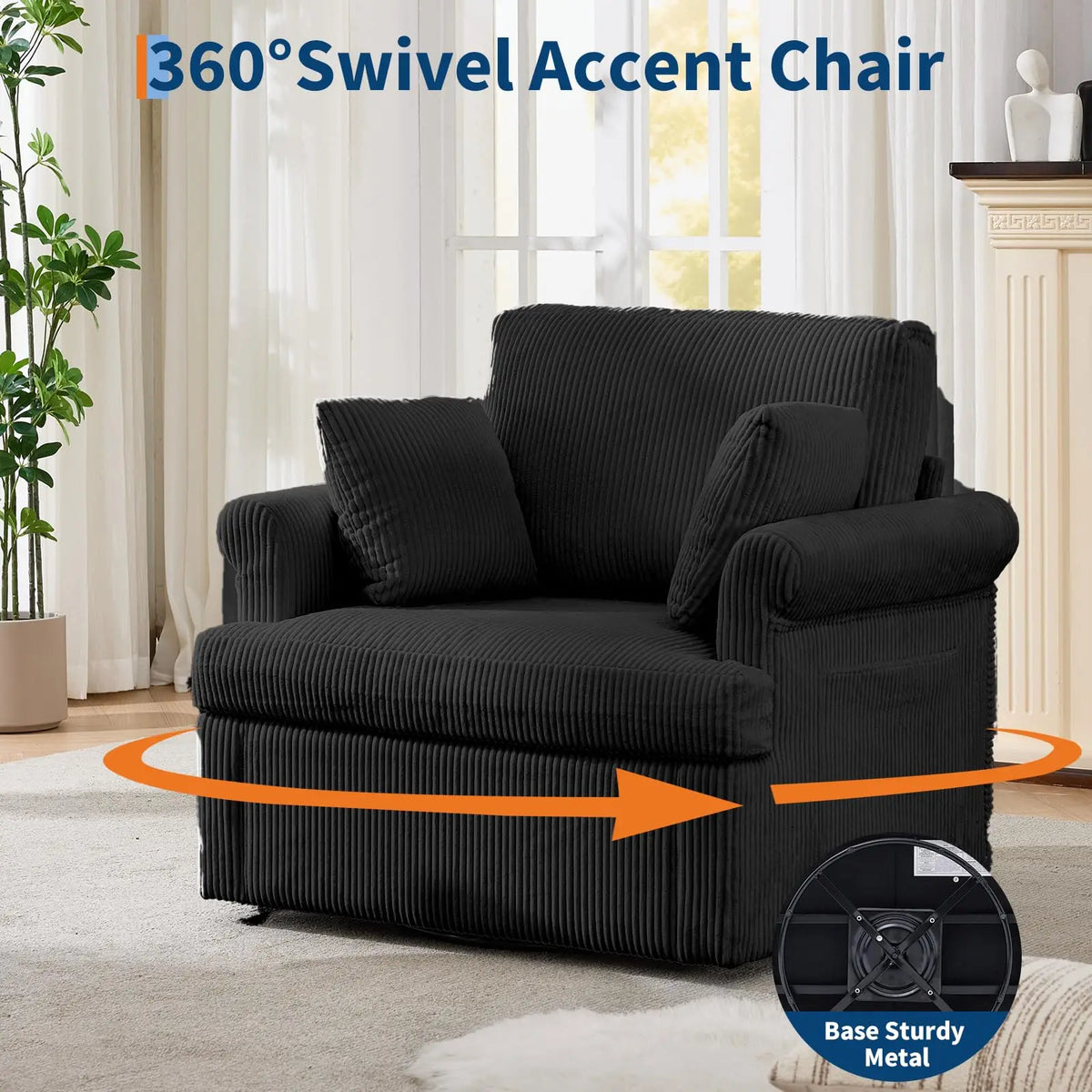 39-Inch 360° Corduroy Accent Chair in black with two pillows
