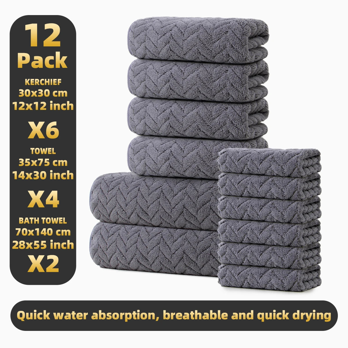 12-pack towel set by S And B Enterprise: 2 bath, 4 hand, 6 face towels in gray, soft and absorbent.
