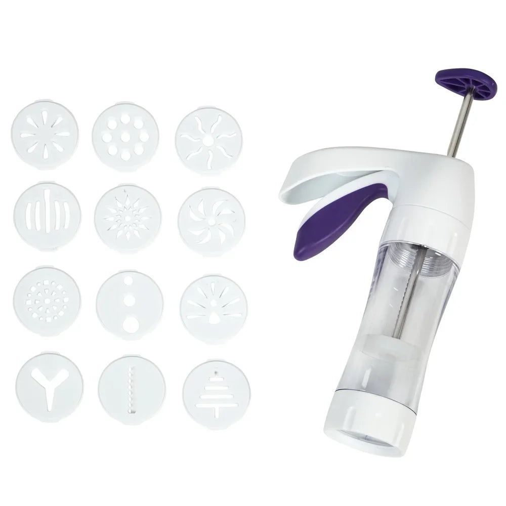 Ergonomic cookie press 13-piece set with clear barrel and purple trigger, includes 12 discs