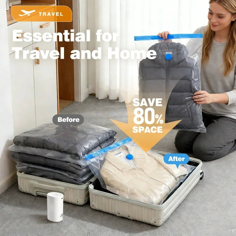 15 Pack Vacuum Bags for Travel with Rechargeable Air Pump, Compression Packing Bags for Luggage, Air Vacuum Bags with Rechargeable Pump, Reusable Space Saver Bags, Airtight Zipper Seal for Clothes Blankets Bedding Quilt, Vacu by S And B Enterprise