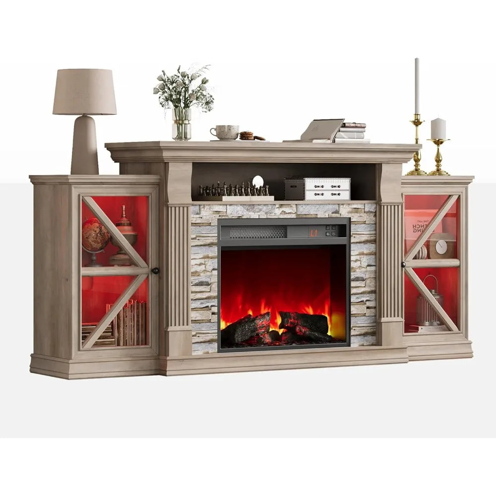 Electric Fireplace TV Stand With Glass Barn Doors And Shelf