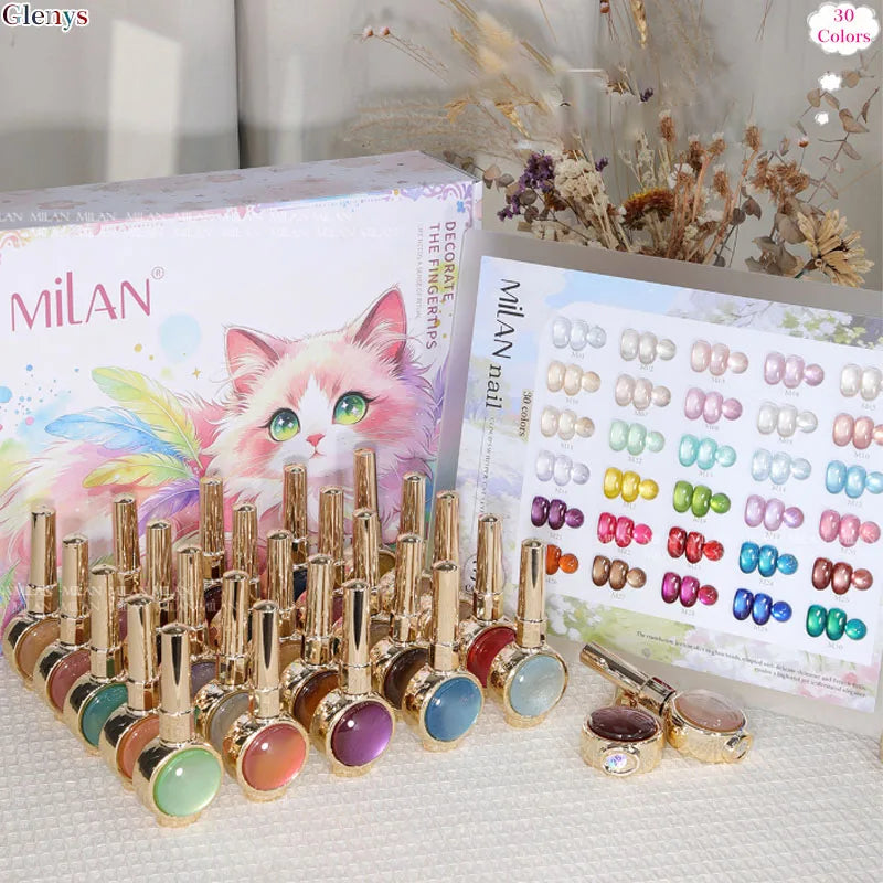 Glenys 30-color cat's eye nail polish gel set; gold-cap bottles arranged with a color chart