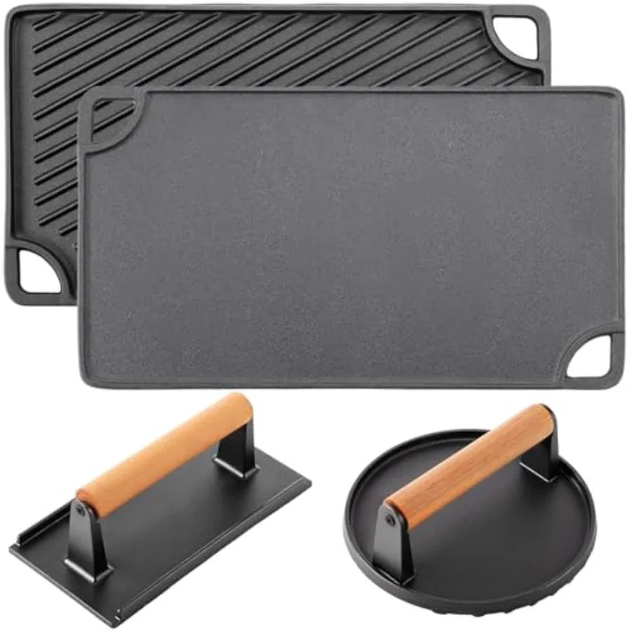 YAO HUI HUANG 3-in-1 Cast Iron Grill Press Set Dual-Sided