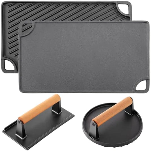YAO HUI HUANG 3-in-1 Cast Iron Grill Press Set Dual-Sided