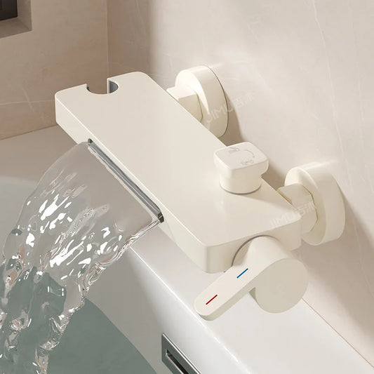 White wall-mounted bathtub faucet with high-flow mixing valve; solid brass, red/blue temp lever, shower kit
