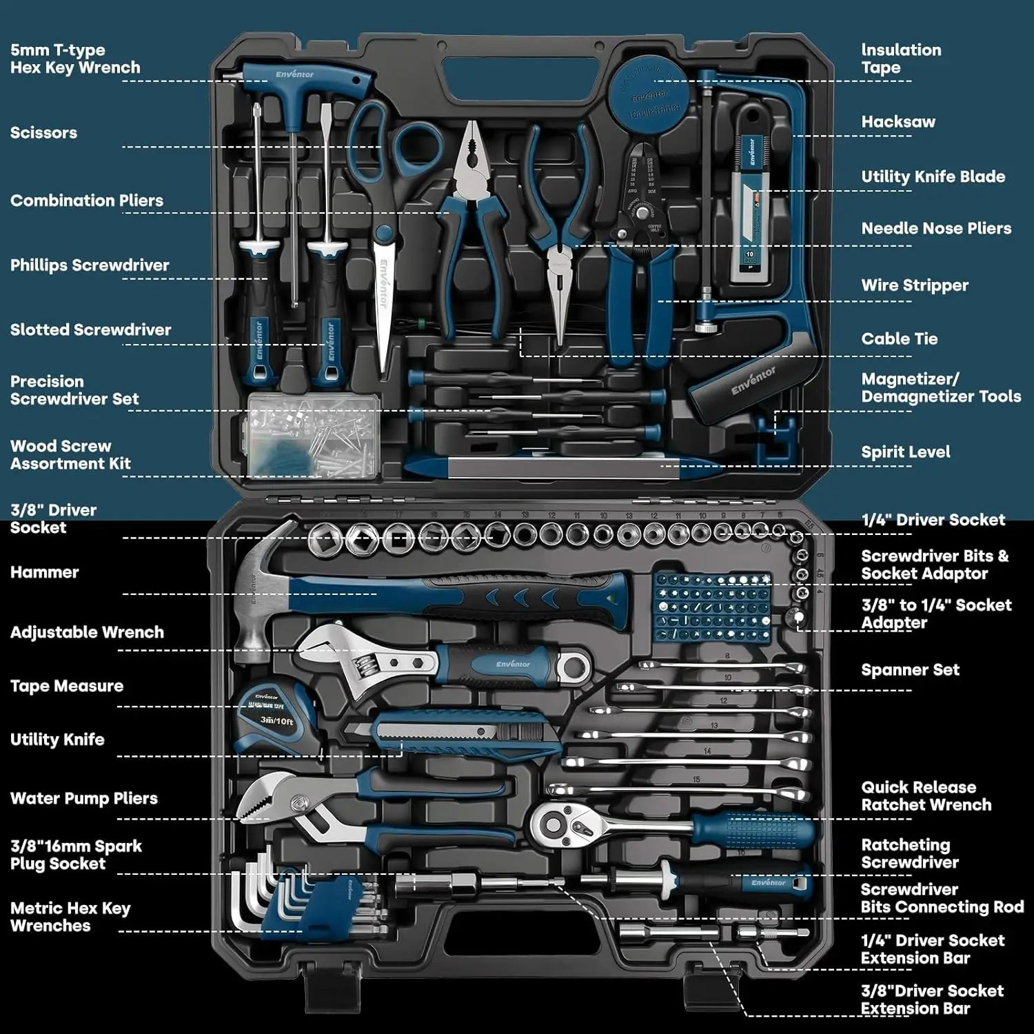 Enventor 220-piece blue tool set in a case with hand tools for home and auto repairs