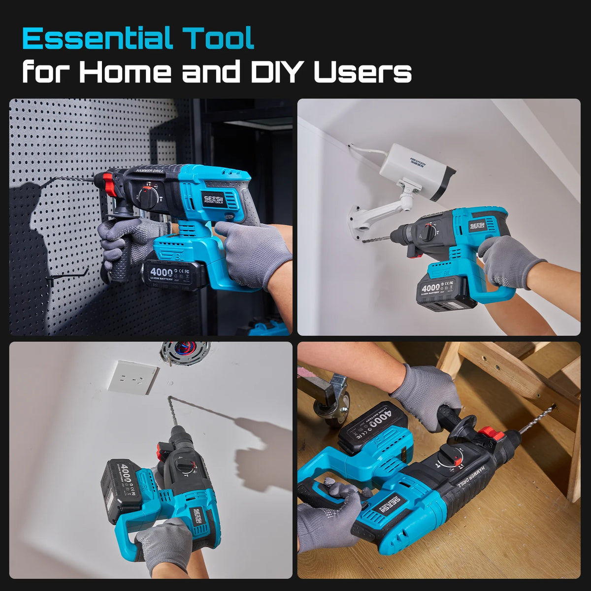 Seesii 3-in-1 cordless tool kit with hammer drill, impact wrench and angle grinder; includes two 4.0Ah batteries.