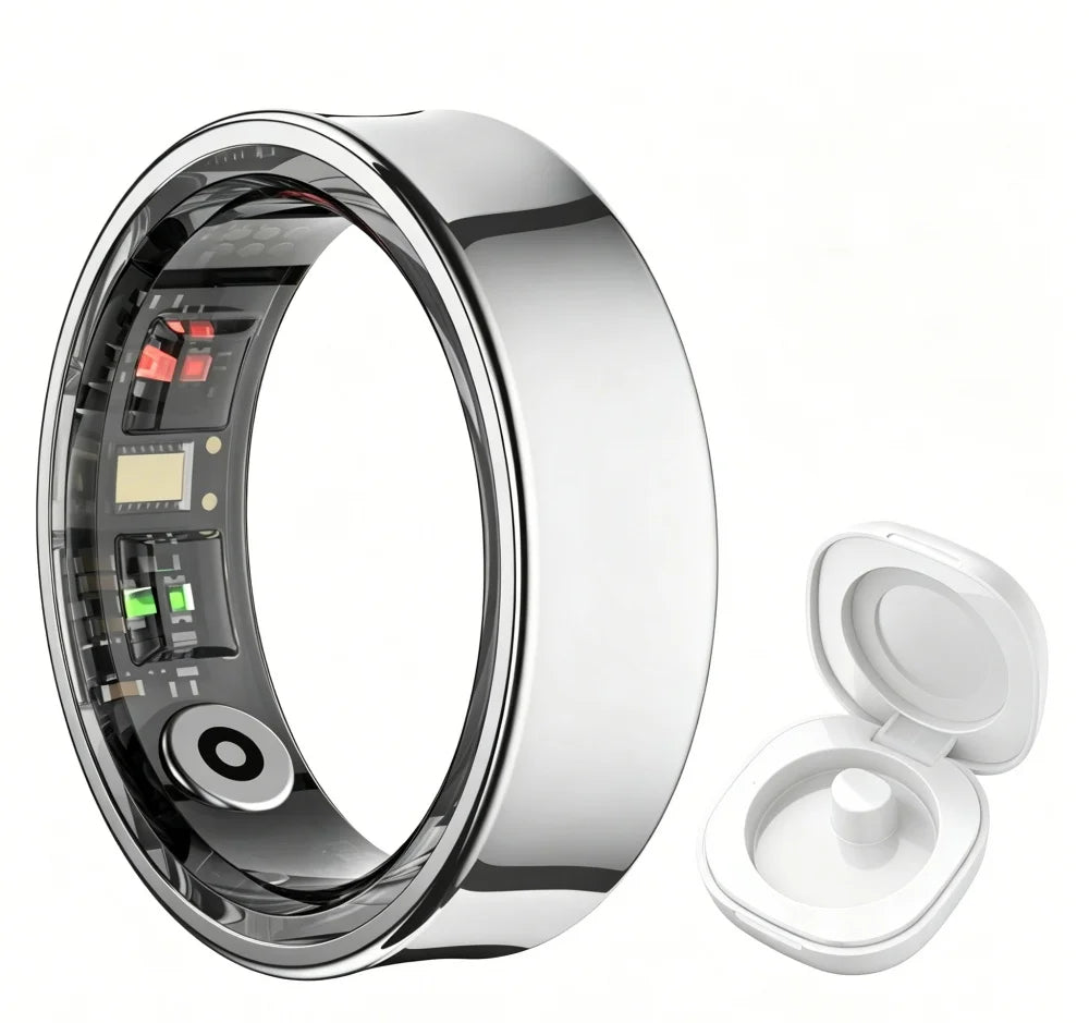 Smart Ring R09 health monitor with charging case, metallic silver, multi-sport mode, skin temp measurement