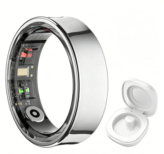 Smart Ring R09 health monitor with charging case, metallic silver, multi-sport mode, skin temp measurement