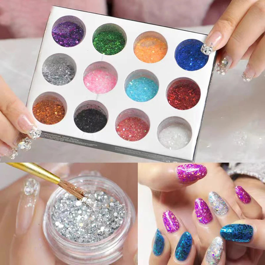 Professional gel nail kit with glitter powder palette and glittery multicolor nails.