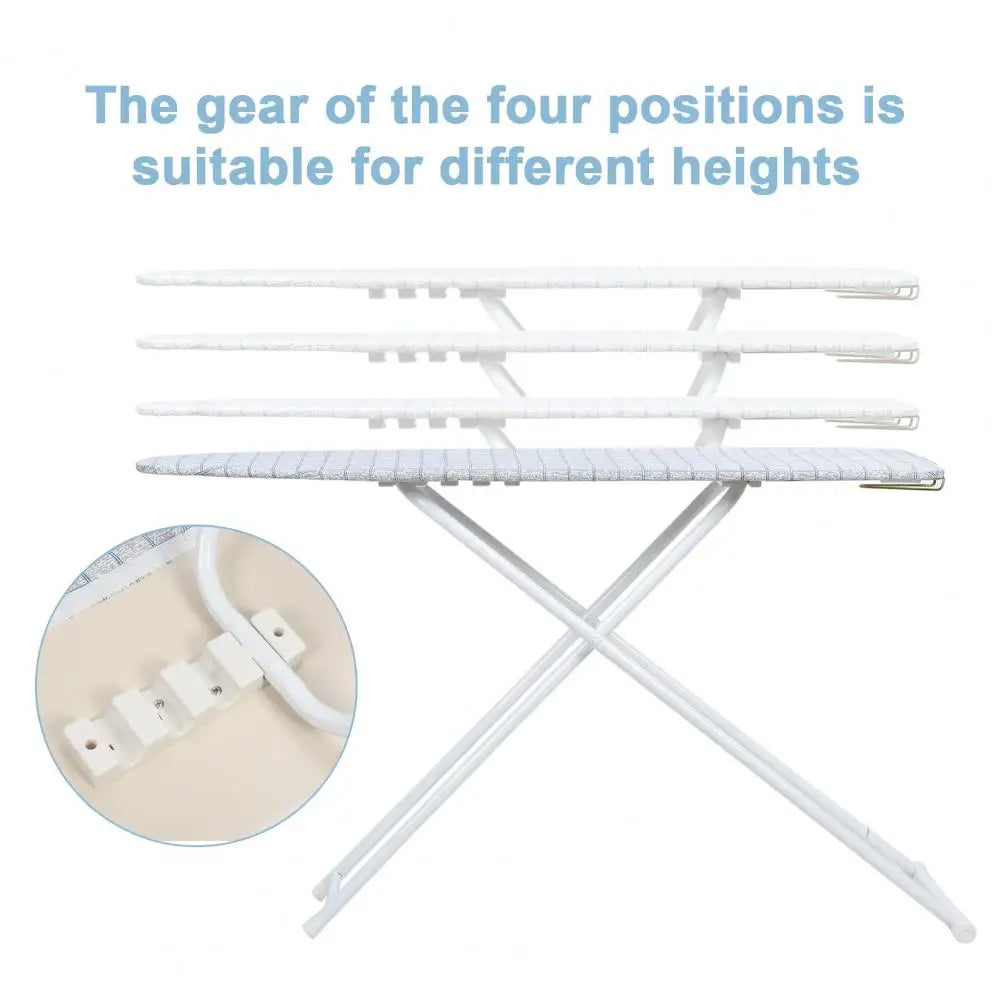 Full-size foldable ironing board with blue plaid heat-resistant cover and adjustable height by S And B Enterprise