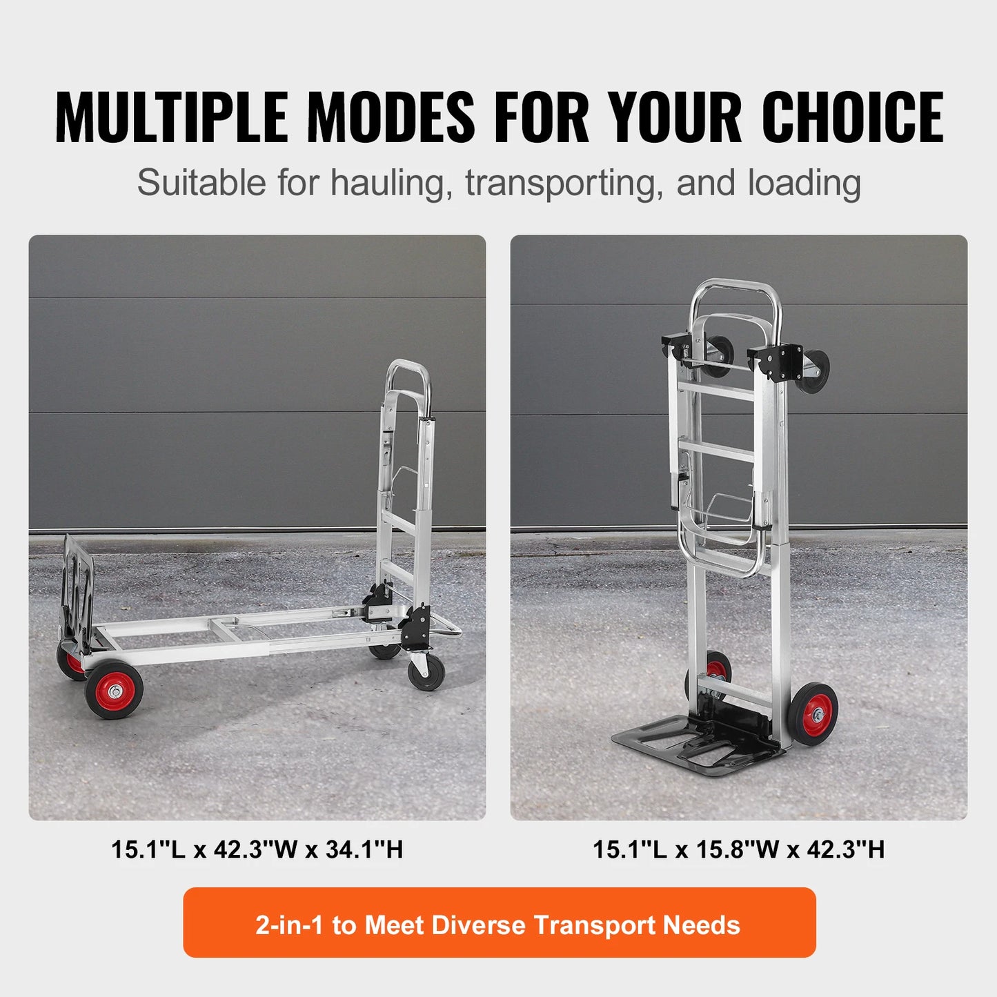 SucceBuy folding hand truck with wheels; silver aluminum frame and red wheels, shown in two configurations.