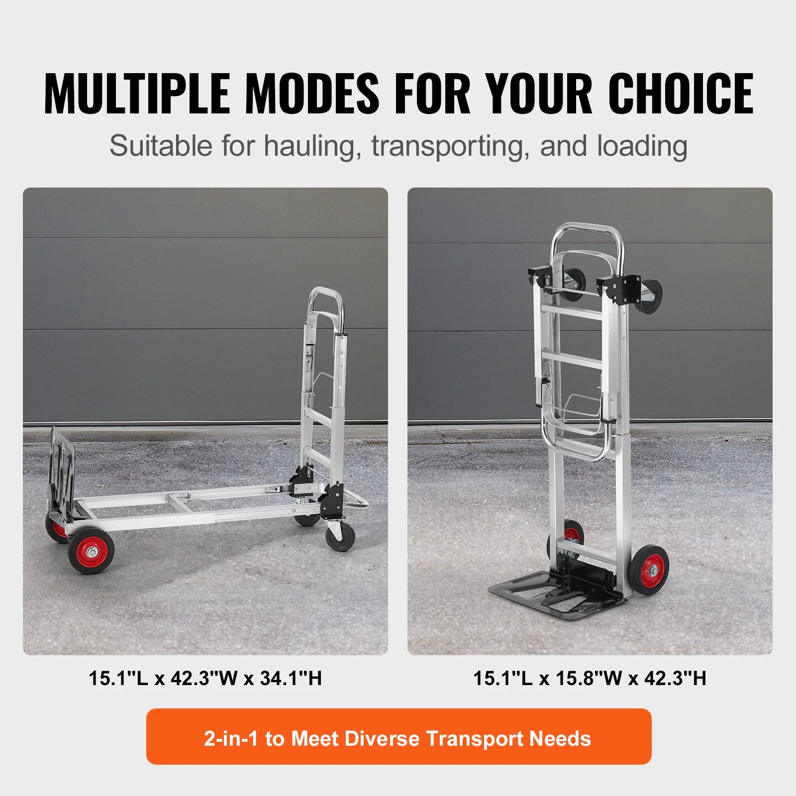 SucceBuy folding hand truck with wheels; silver aluminum frame and red wheels, shown in two configurations.