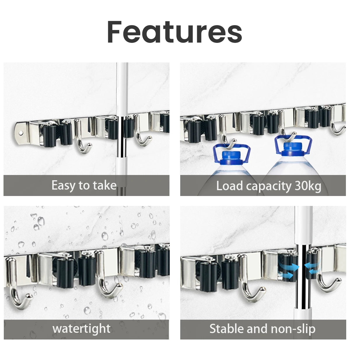 Stainless Steel 4 Hook Wall Mounted Mop And Broom Organizer
