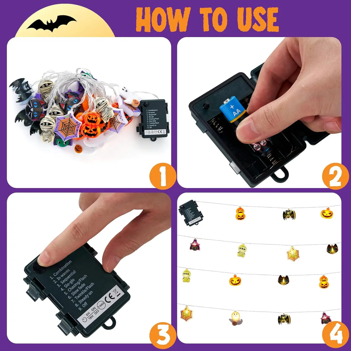 S And B Enterprise LED Halloween string lights, 19.7 ft, 30 3D ghost and pumpkin designs, battery-operated timer
