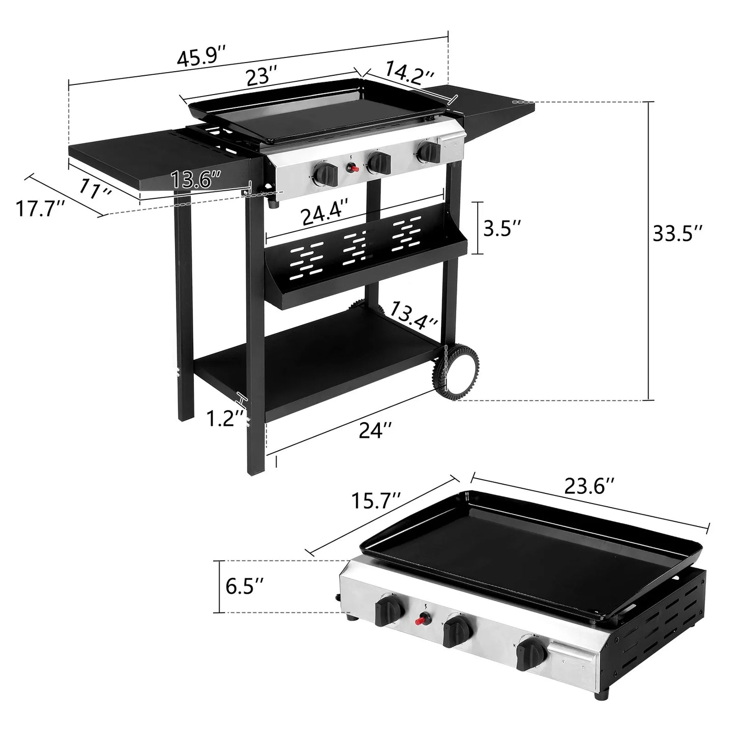34" Outdoor Griddle Station with Side Shelf, 3 Burner Flat Top Gas Grill Propane by S And B Enterprise