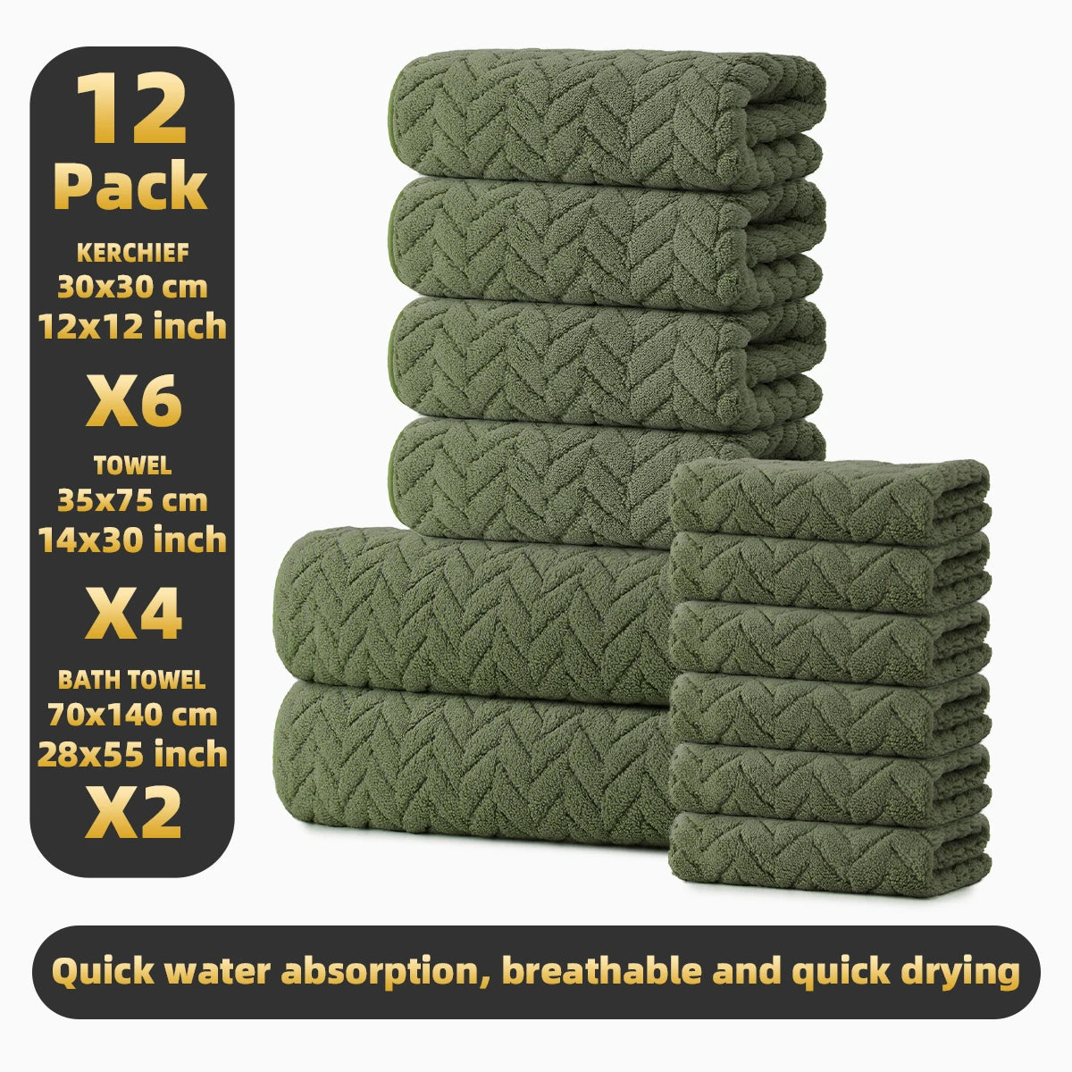 12-piece olive-green towel set from S And B Enterprise - 2 bath towels, 4 hand towels, 6 face towels.