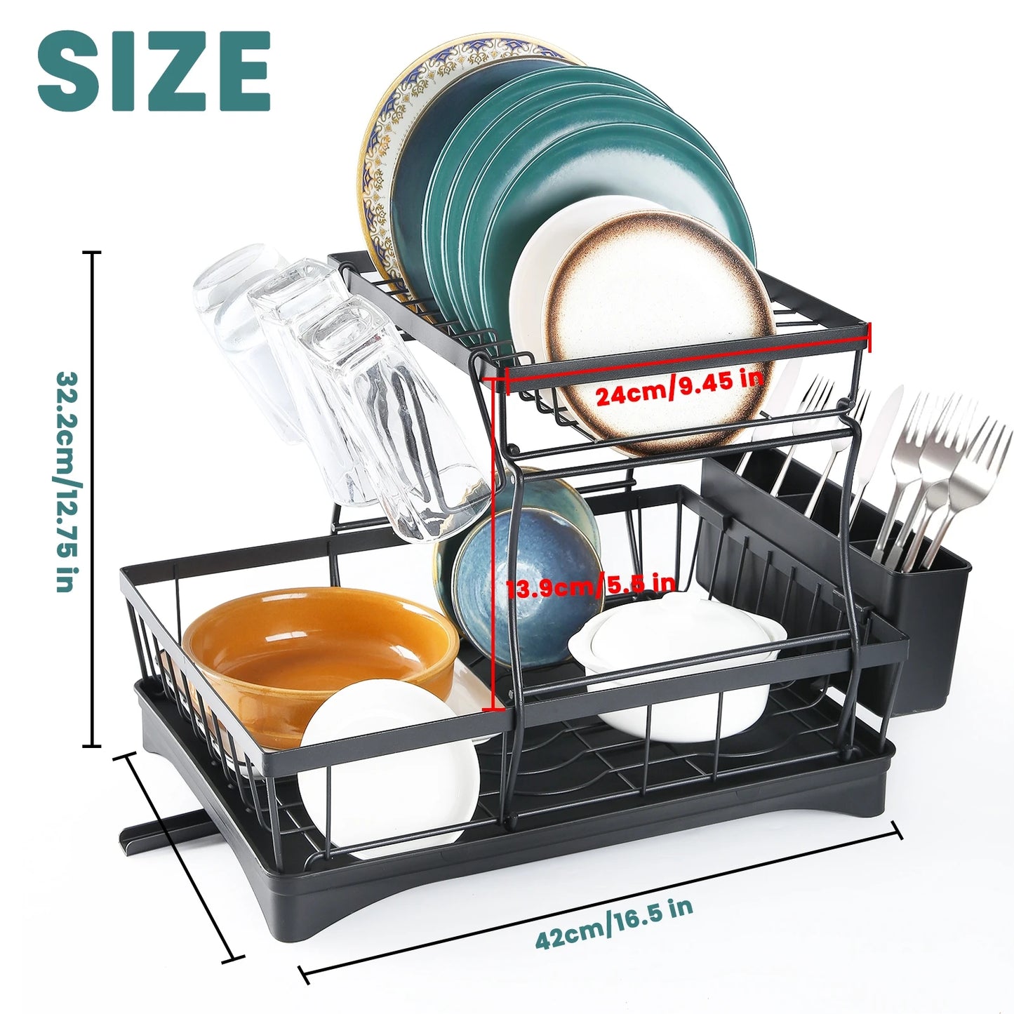 Two-Tier Dish Drying Rack for Kitchen Countertop