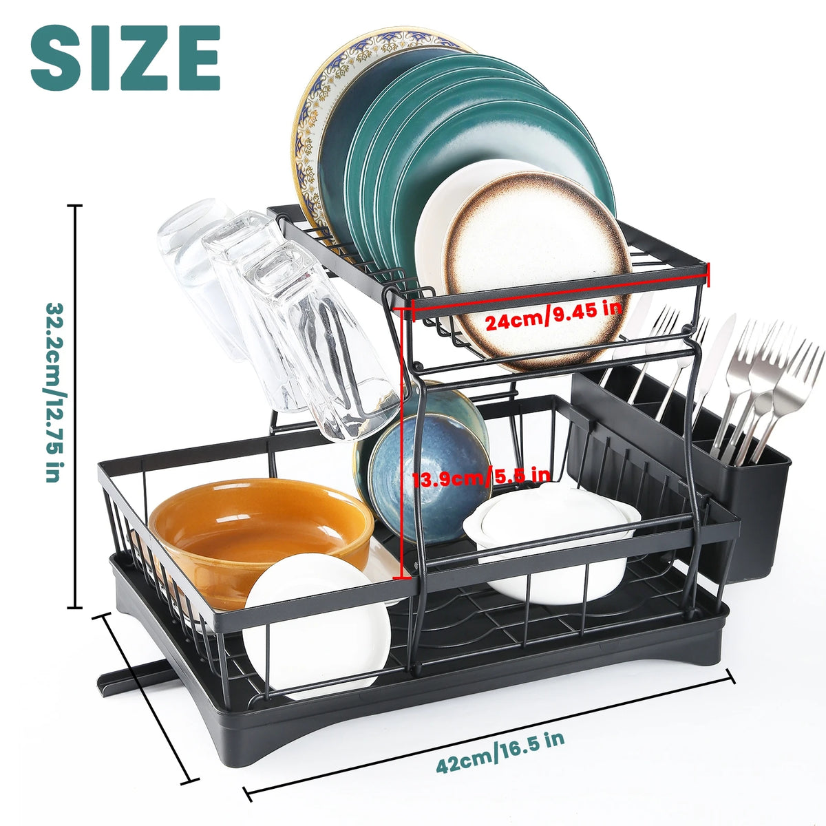 Large 2-tier dish drying rack by S And B Enterprise, black metal with removable, large-capacity draining section.
