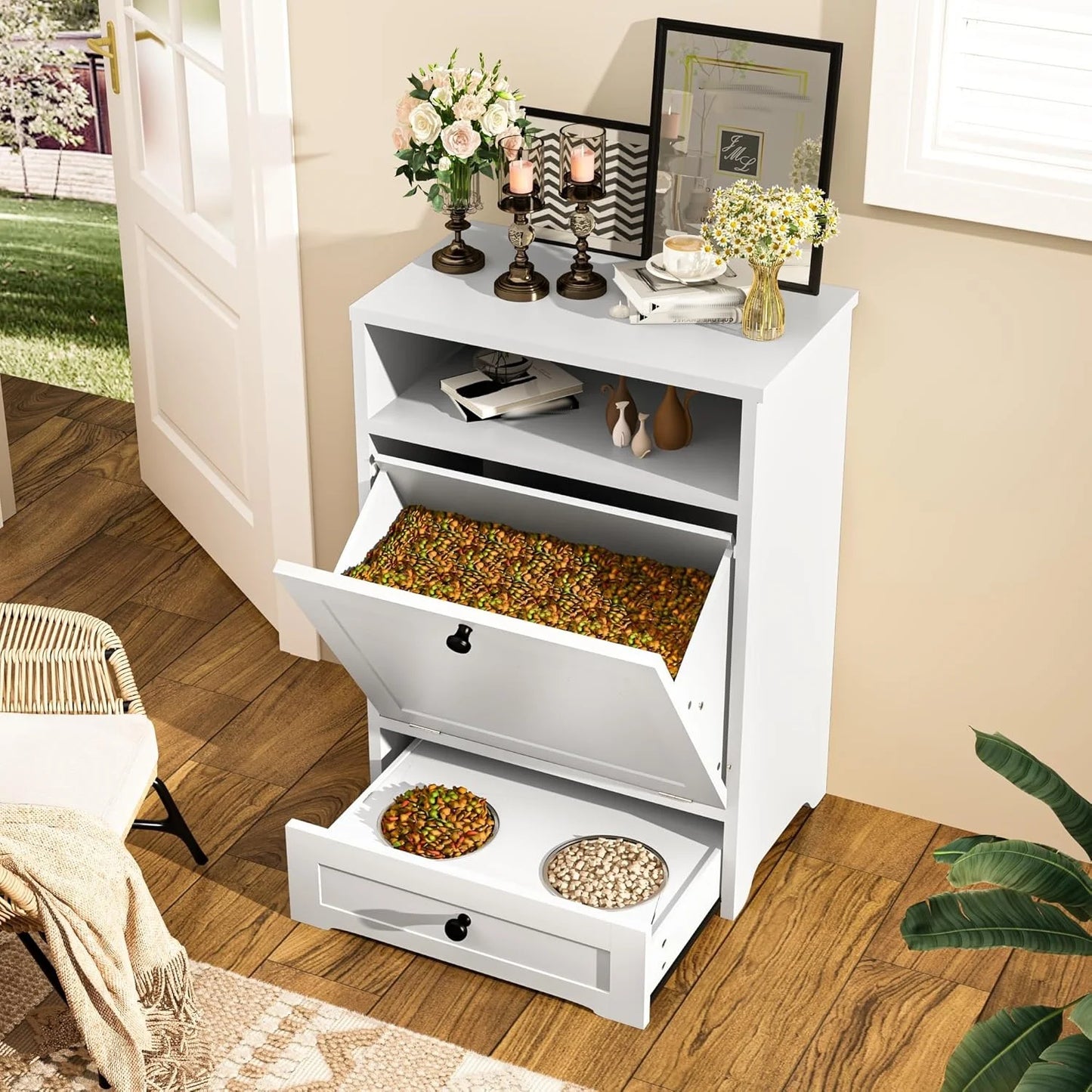 Wooden Dog Feeding Station With Elevated Bowls And Storage Cabinet