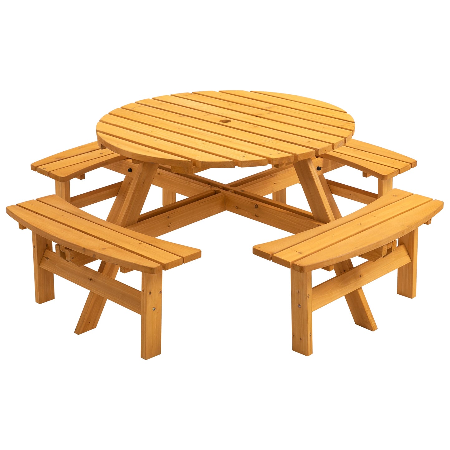 Solid Wood Round Outdoor Picnic Table Set with 4 Benches, Weather Resistant Patio Dining Furniture with Umbrella Hole for Garden Backyard Lawn BBQ Party by S And B Enterprise