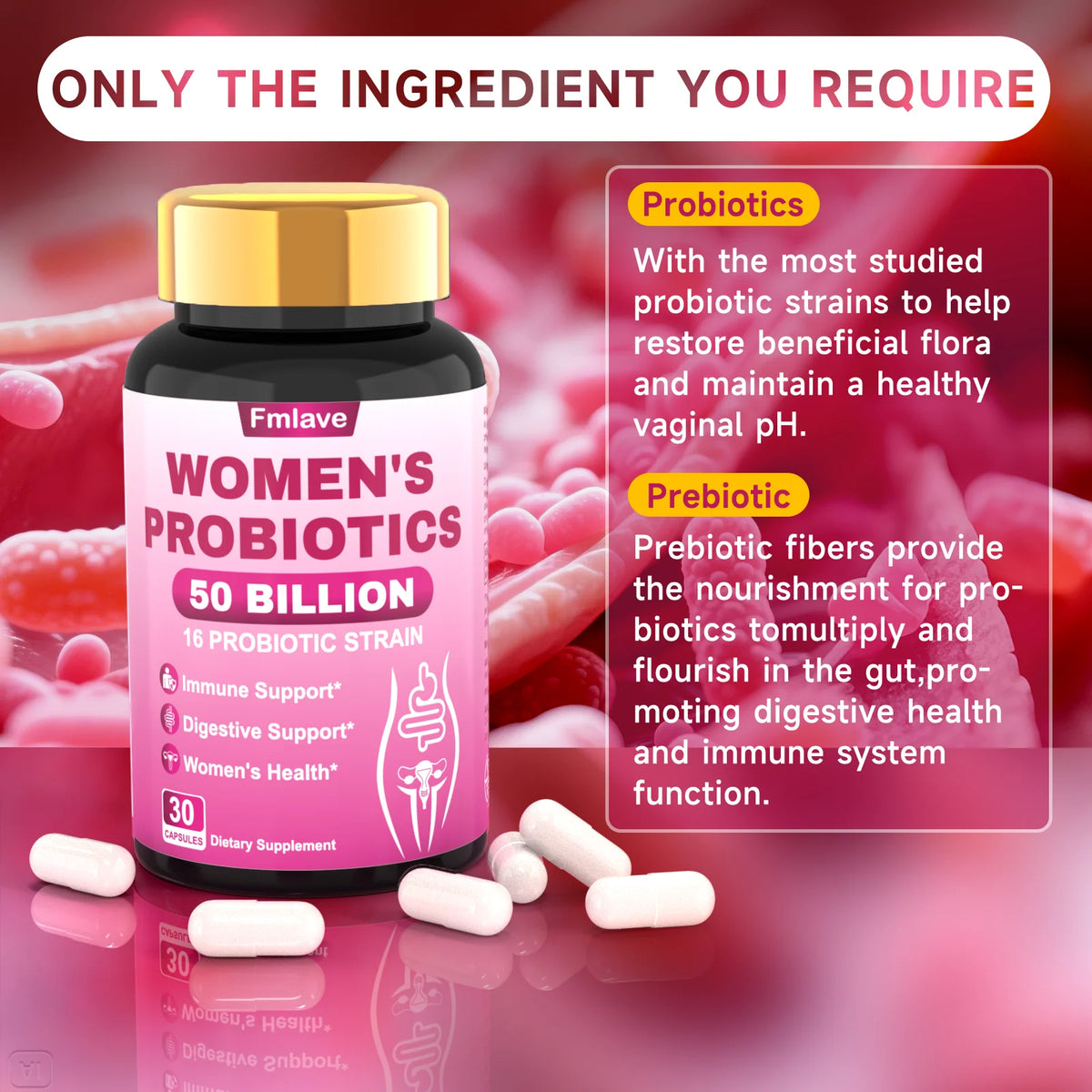 Fmlave Women's Probiotics bottle with pink label, 30 capsules, by S And B Enterprise