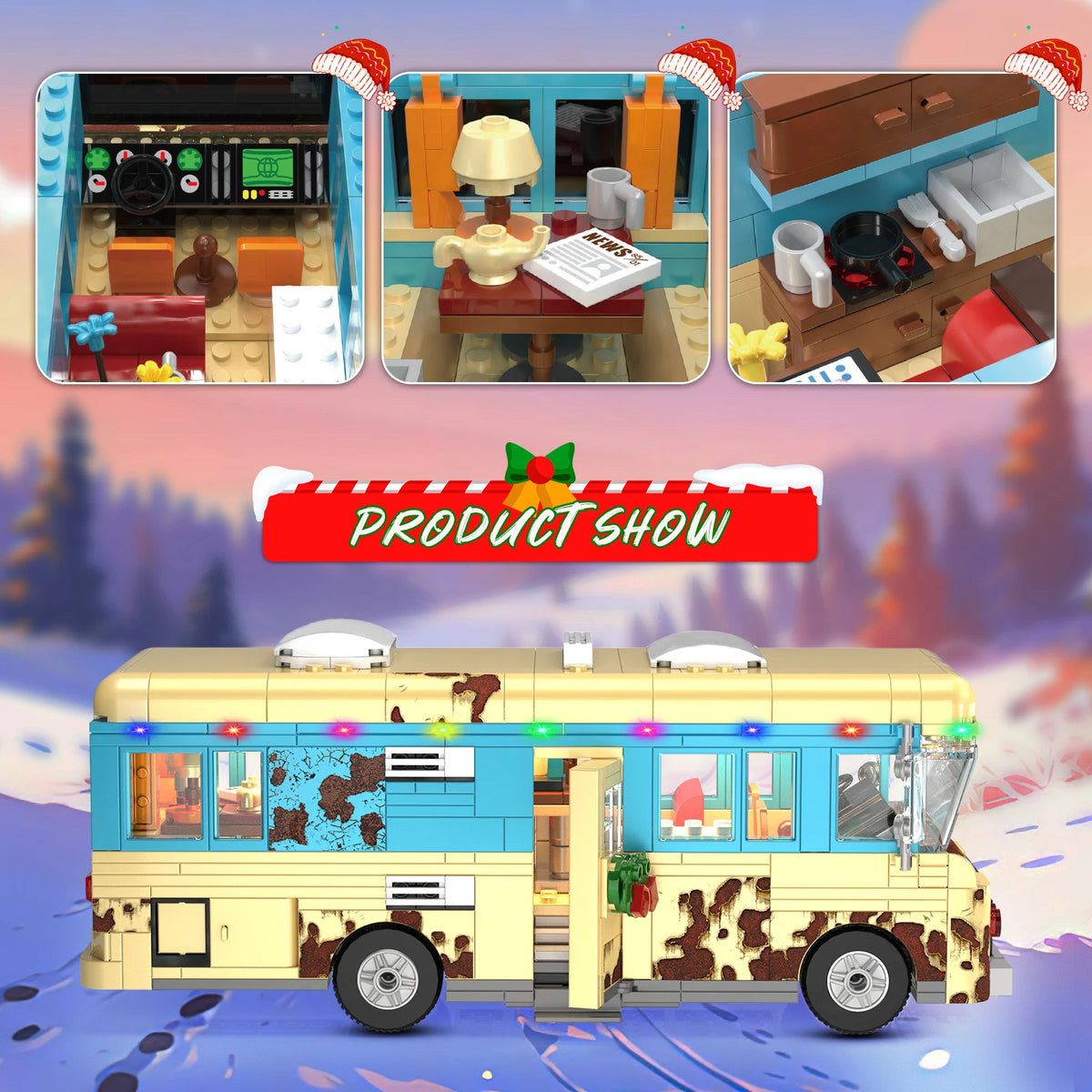 Christmas Cousin's RV building blocks set by S And B Enterprise with LED-lit blue and tan camper RV and interior scenes
