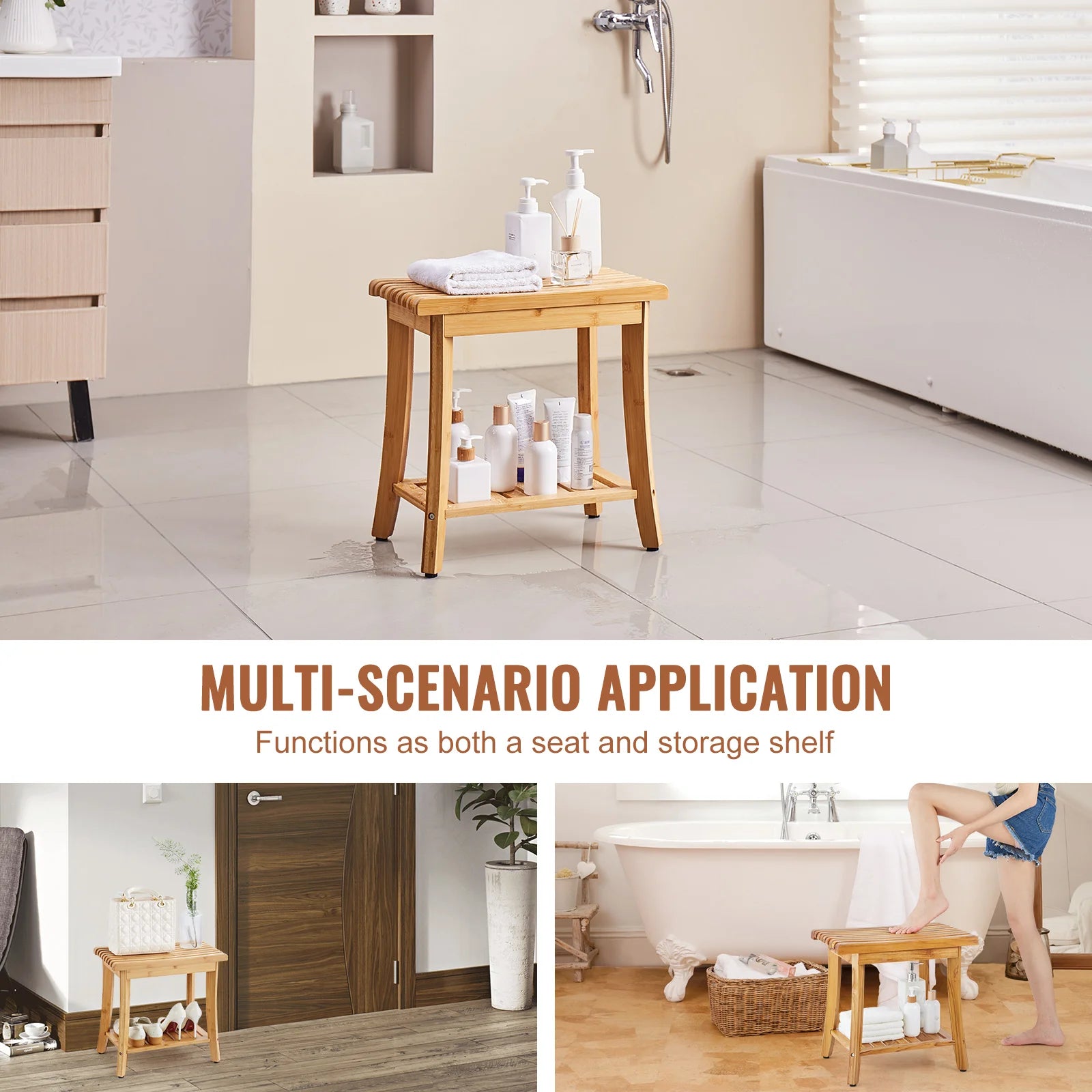 SucceBuy Bamboo Shower Bench 19.1x11.3x18.3 in Waterproof Shower Stool Chair with Storage Shelf 330lbs Load Capacity Spa Seat by S And B Enterprise