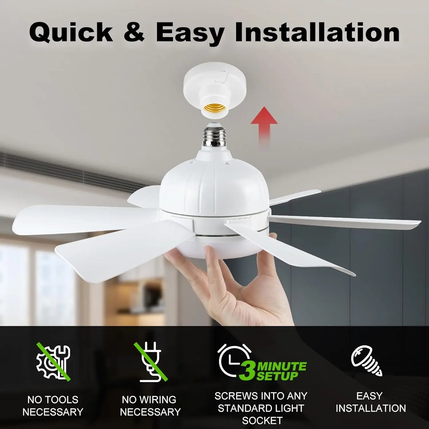Socket LED ceiling fan light by S And B Enterprise with E26 socket and remote, dimmable, 3 color temperatures