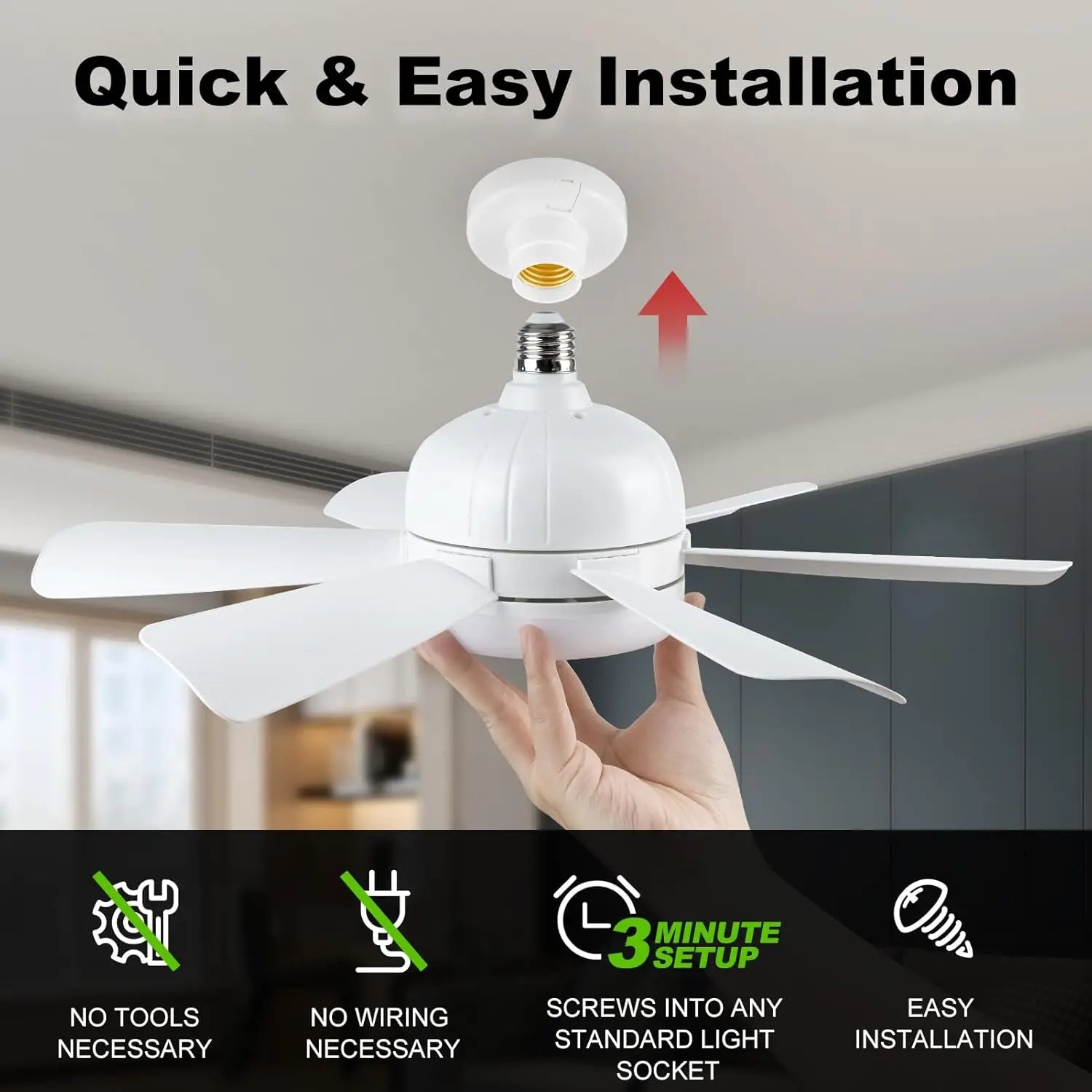 Socket LED ceiling fan light by S And B Enterprise with E26 socket and remote, dimmable, 3 color temperatures