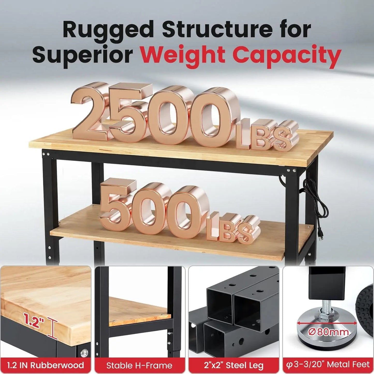Adjustable Height Workbench With Storage Pegboard And Power Outlets