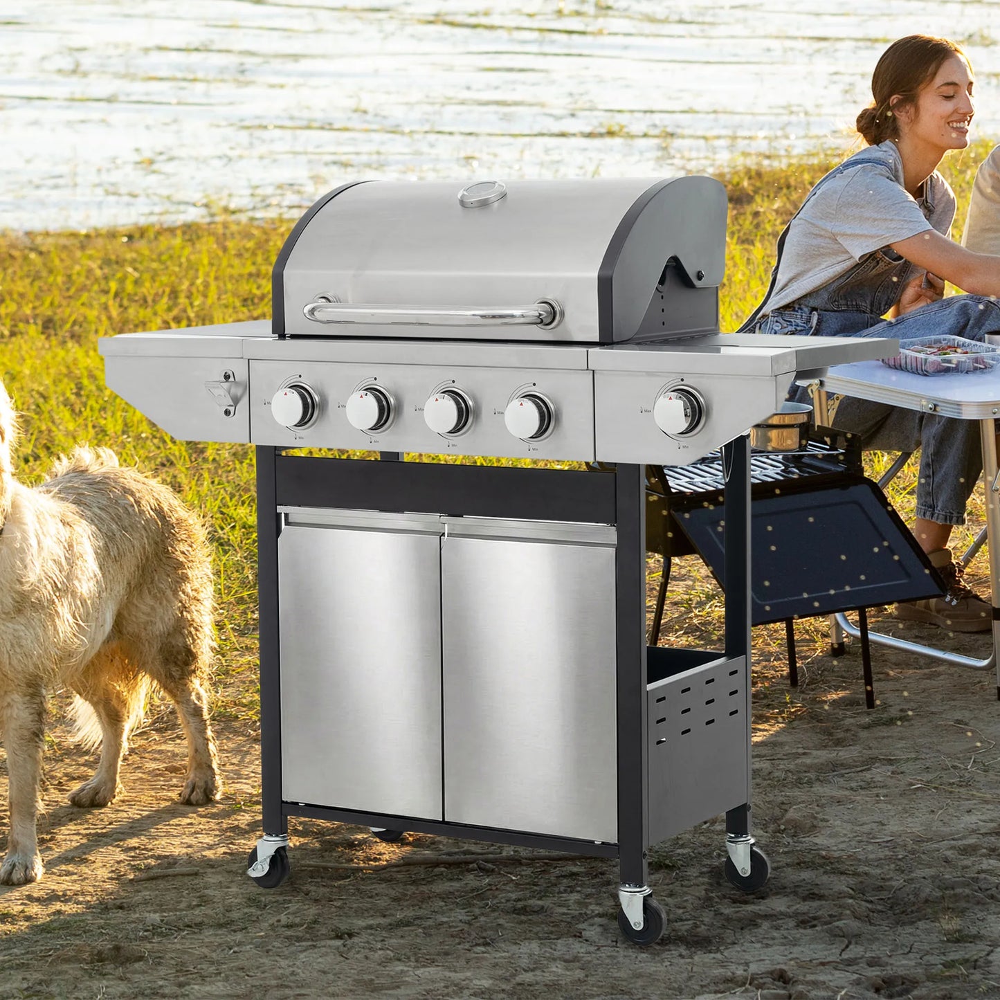4-burner stainless steel gas grill with side burner on a wheeled outdoor cart