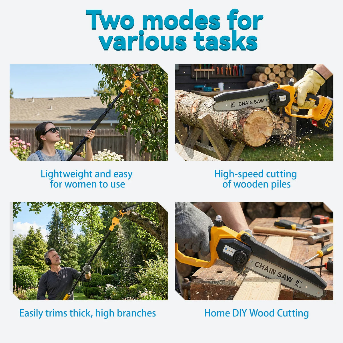 S And B Enterprise 2-in-1 Electric Pole Saw, cordless 6-inch and 8-inch with extension pole and two 21V 3.0Ah batteries