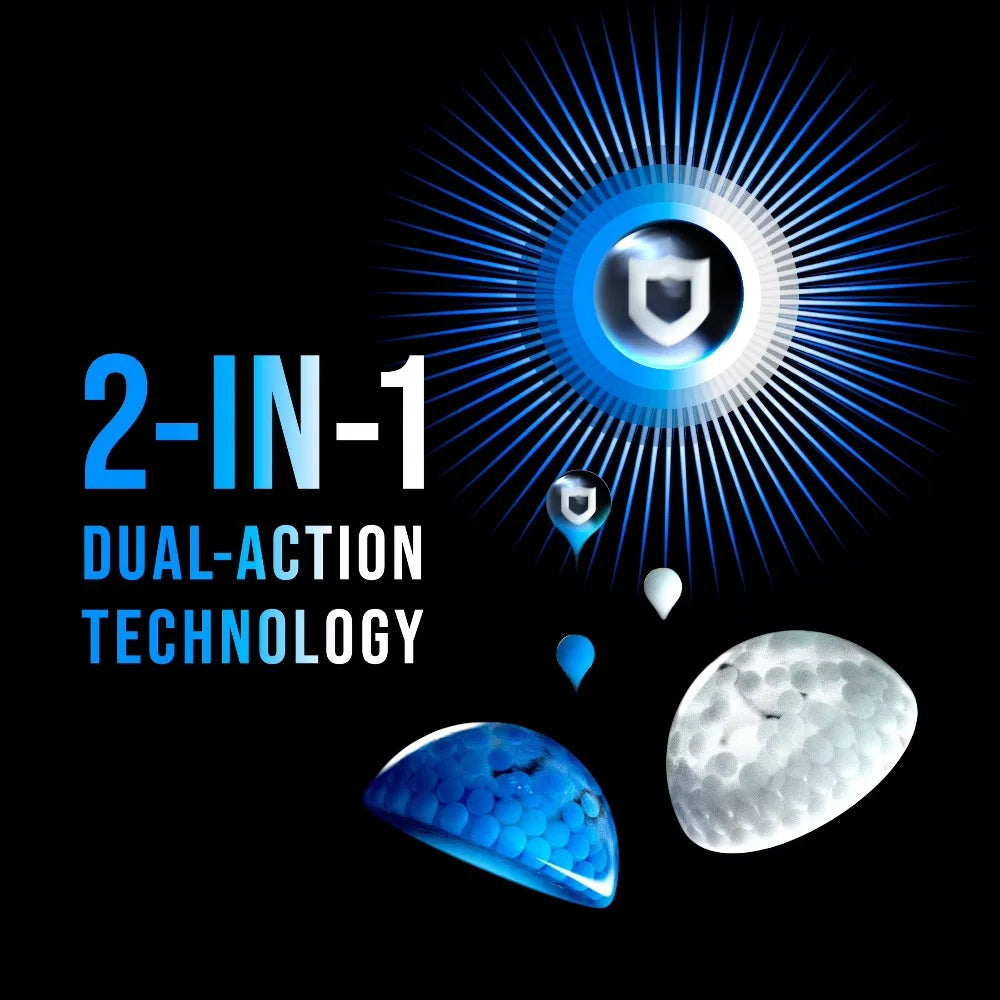 In-Wash Laundry Scent Booster Beads, 2-IN-1 dual-action technology graphic with blue and white orbs