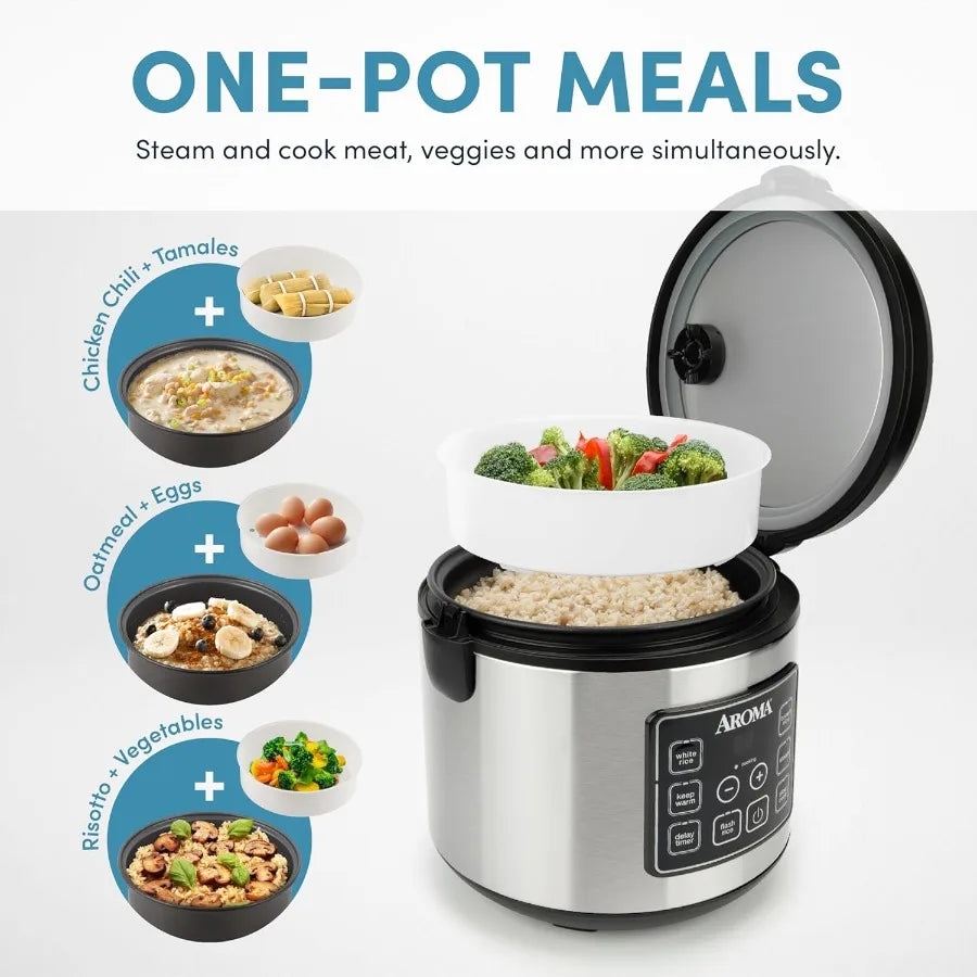 Aroma stainless steel rice cooker with steam function; 20-cup cooked / 10-cup uncooked capacity, digital controls