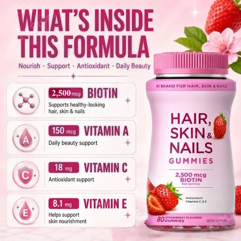 Hair Skin Nails Gummies with Biotin 2500 Mcg Vitamins A C E Strawberry Flavored Daily Beauty Support 80 Gummies by S And B Enterprise