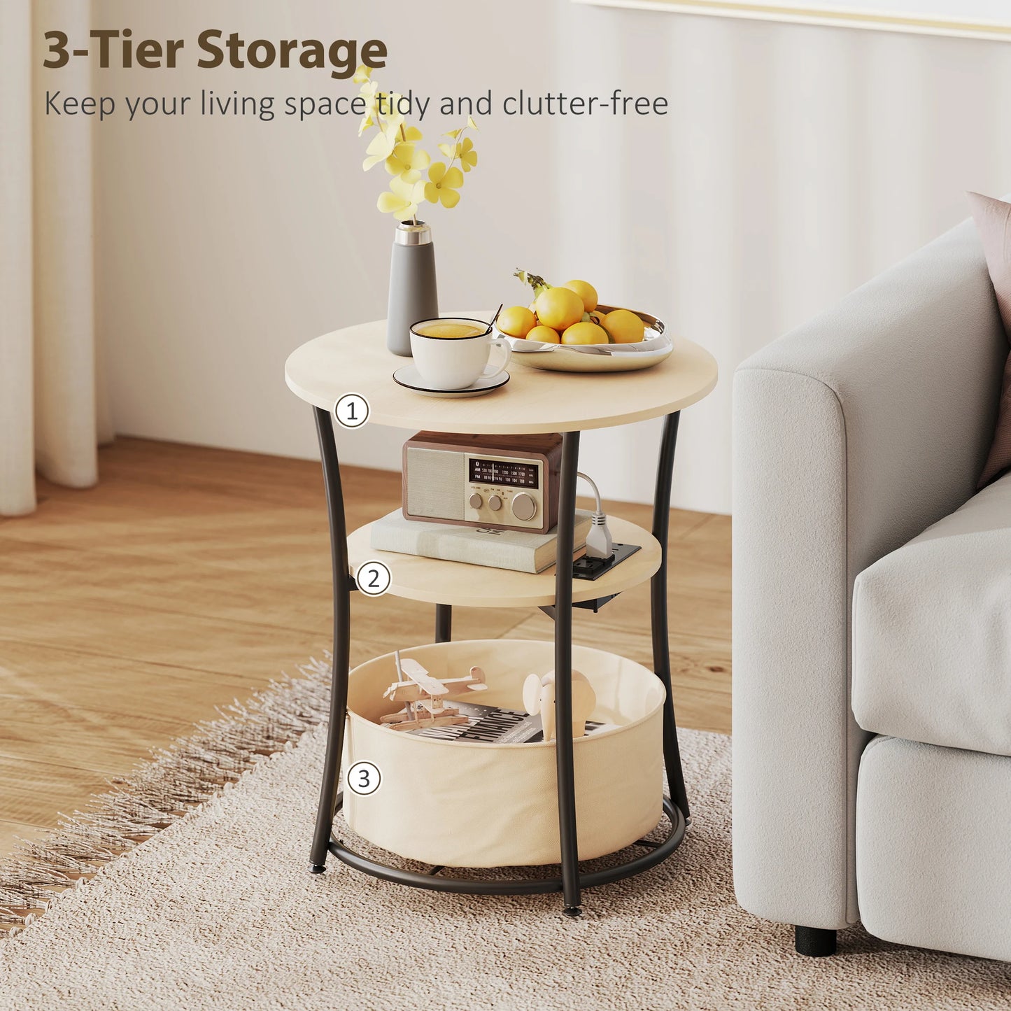 HOMCOM Round Side Table With Charging Station And Fabric Storage