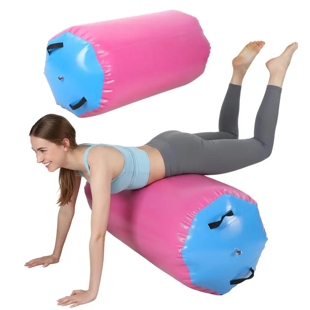 Air roller gymnastics barrel, pink with blue ends, inflatable tumbling roller for home gym