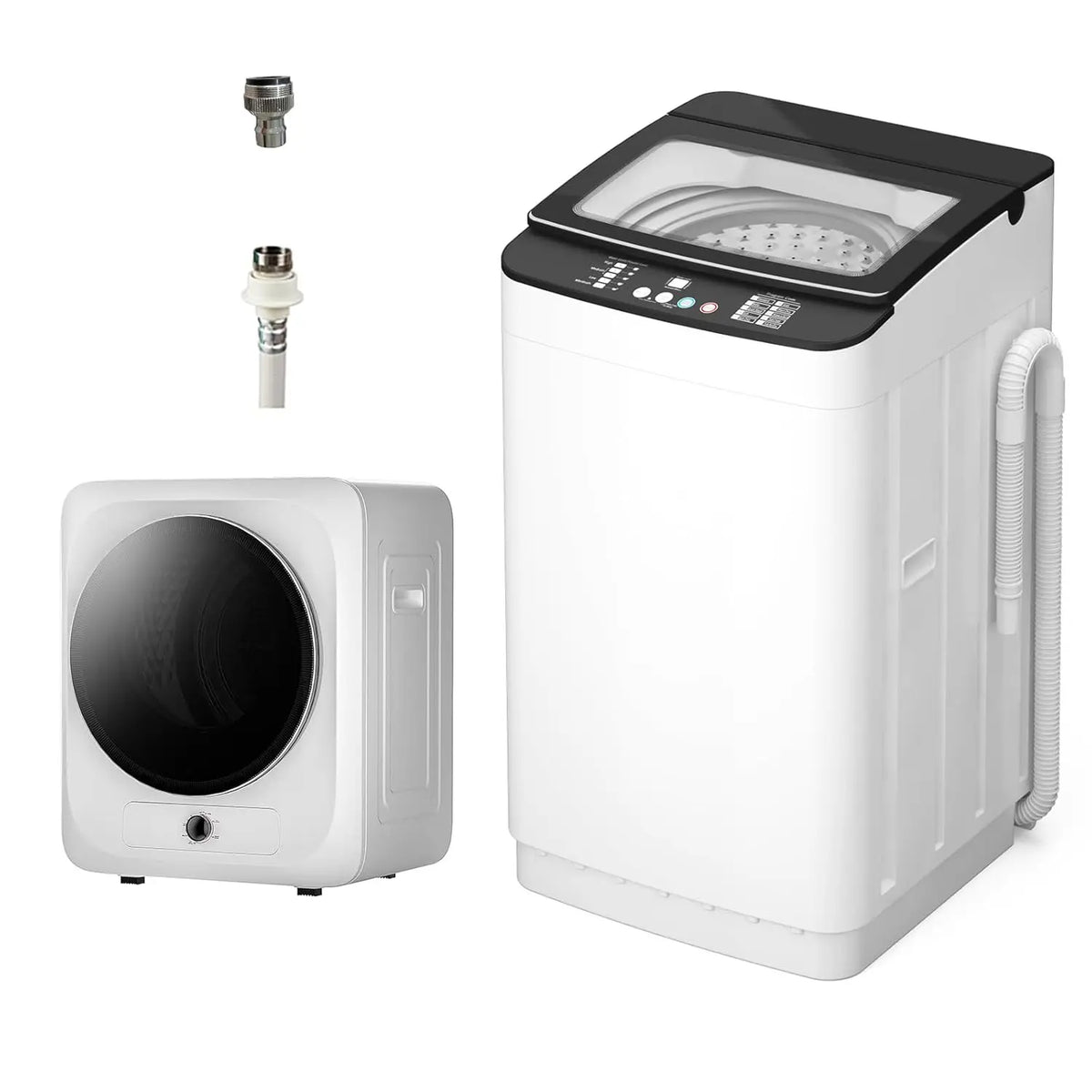 Two-piece portable washer and dryer set by S And B Enterprise; white, 25lb washer and 10lb compact dryer with hoses.
