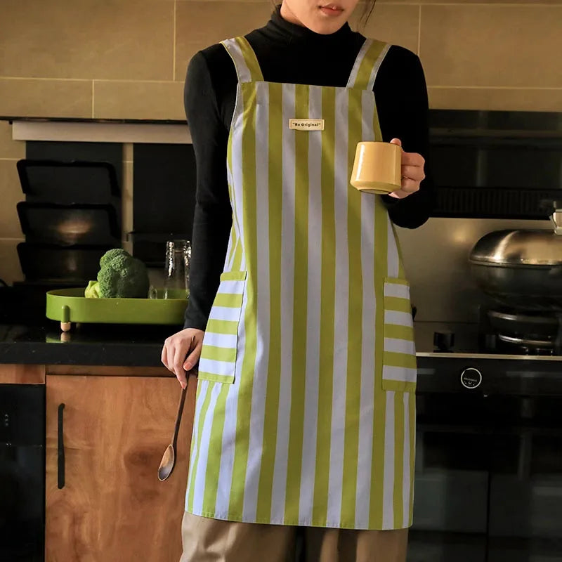 Cross-back striped apron by S And B Enterprise, summer waterproof polyester-cotton with front pockets