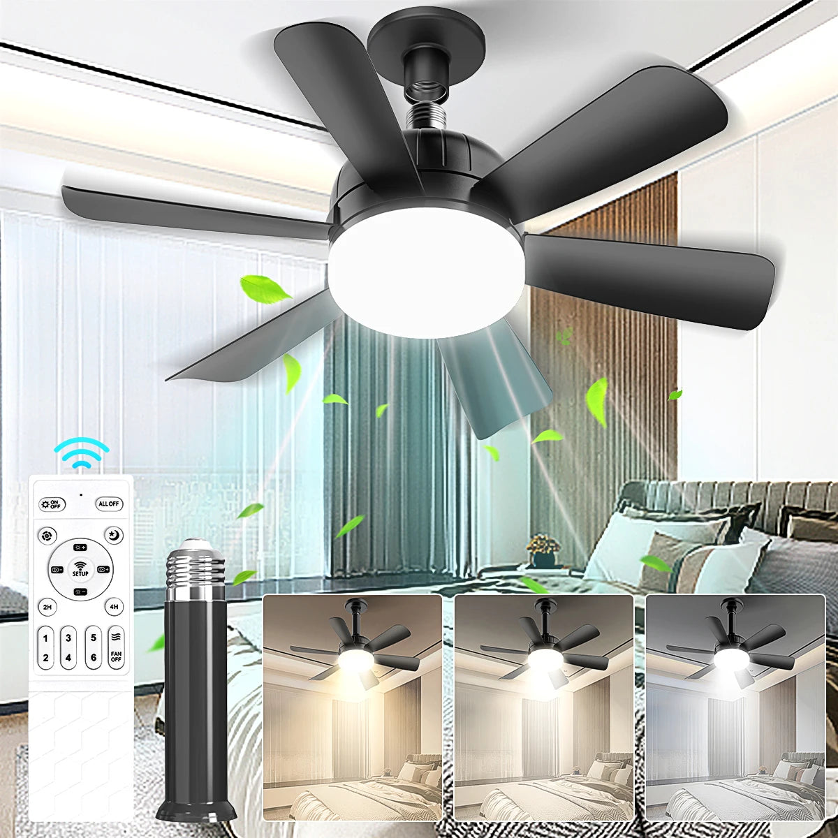 Socket LED ceiling fan light with remote; black finish, dimmable, 3 color temps, E26 base, speed control